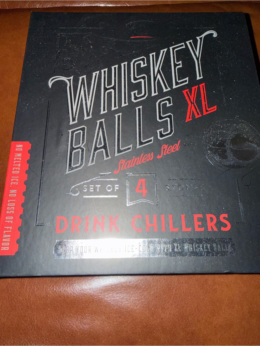 Whiskey Balls XL Stainless Steel Drink Chillers Frolk - Black & Red Packaging
